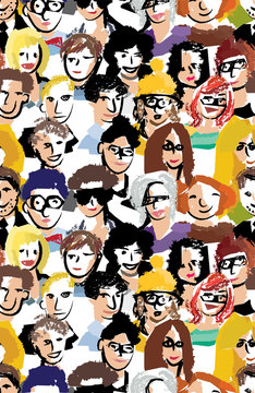 Art faces crowd people seamless pattern.