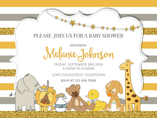 Lovely baby shower card template with golden glittering details - obrazy, fototapety, plakaty