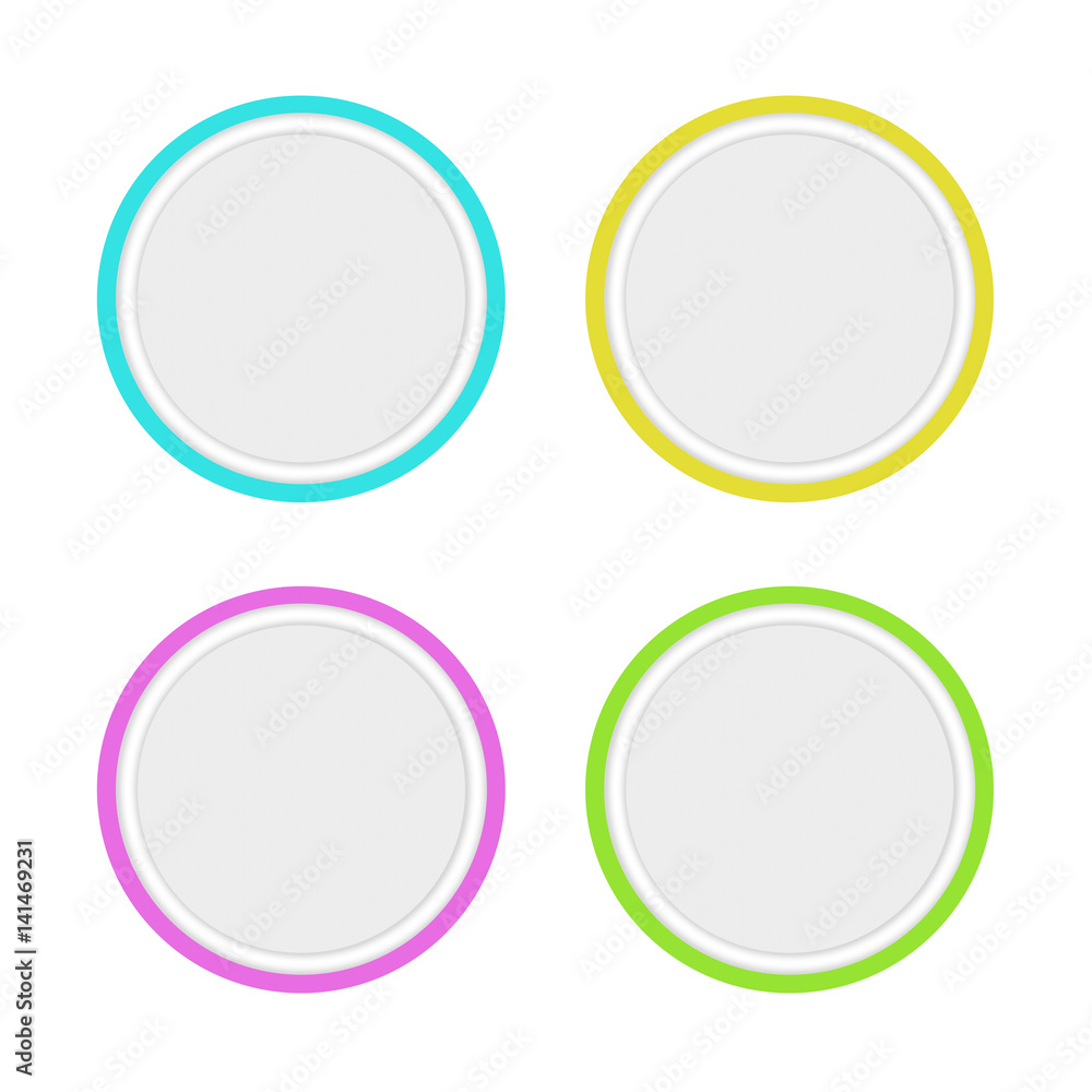Poster set of colored round buttons with small graphic pattern inside. empty signs for copy space and your 