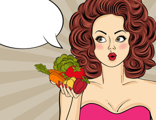 Sexy pop art woman with vegetables in his hand