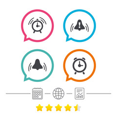 Alarm clock icons. Wake up bell signs symbols.