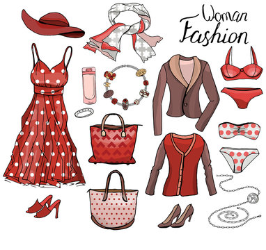 Pack with woman dresses,shoes and bra. Objects on white for fashion design. Red and brown color. Romantic and casual style.