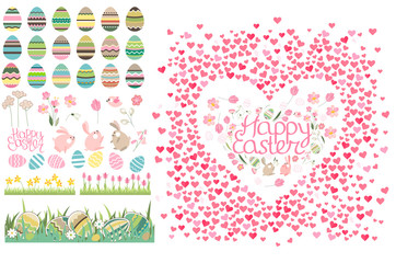 Frame with pretty small hearts and phrase Happy Easter. Festive template for your season design.