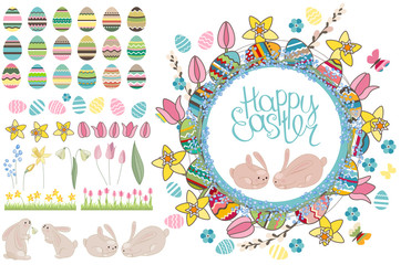 Round frame with pretty rabbits and text Happy Easter. Festive floral circle for your season design.