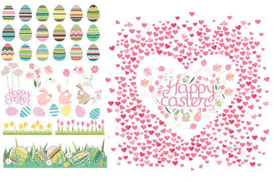 Frame with pretty small hearts and phrase Happy Easter. Festive template for your season design.