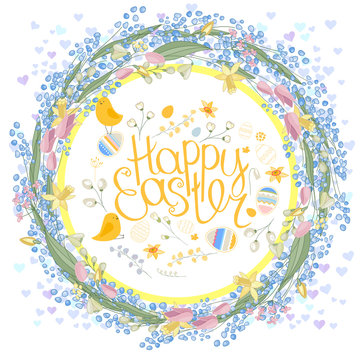 Round frame with pretty flowers muscari, tulips and daffodils and text Happy Easter. Festive floral circle for your season design.