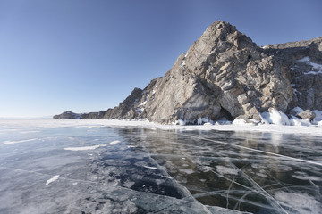Winter landscape with cracks in ice of Lake Baikal, Oltrek island.