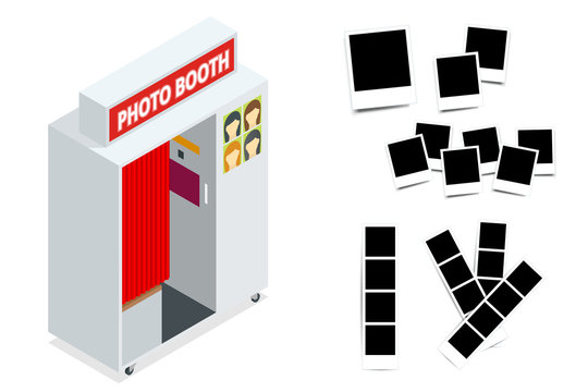 Isometric Compact Photo Booth and Photo frames. Flat 3d isometric illustration. For infographics and design games. Photorealistic and Template photo design.