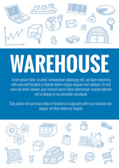 Vector template for warehouse theme with hand drawn doodles logistic business icons in background.Theme concept for global transportation import,export and logistic business industry