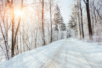 Obraz premium the winter road. Dramatic scene. Carpathian, Ukraine, Europe.