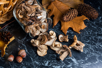 Dry wild mushrooms on black marble background.