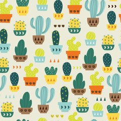 Cactus Pattern / Seamless Background with Cactus and succulent in Pot