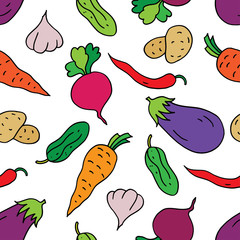 Seamless pattern of vegetables. Vegetarian food. Print. Repeating background. Cloth design, wallpaper.