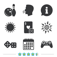 Bowling and Casino signs. Video game joystick.