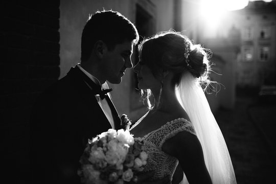Silhouettes of beautiful wedding couple standing in the rays of evening sun