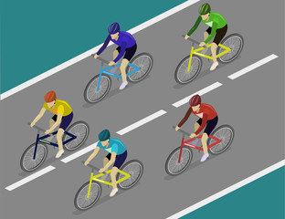 Fototapeta premium Isometric flat group of cyclists man in road bicycle racing.