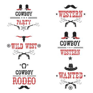 Set of cowboy labels and western symbols