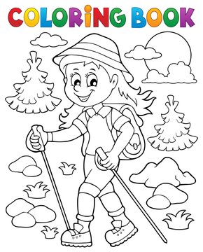 Coloring book woman hiker theme 1