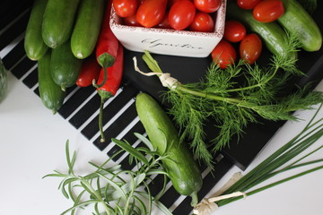 fresh vegetables and herbs, oregano, sage, chive, parsley, dill, onion, cucumber, green vegetables,...