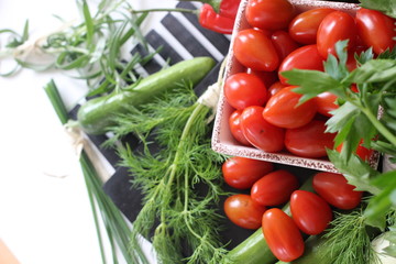 fresh vegetables and herbs, oregano, sage, chive, parsley, dill, onion, cucumber, green vegetables,  red vegetables, tomatoes, peper, red peper,  