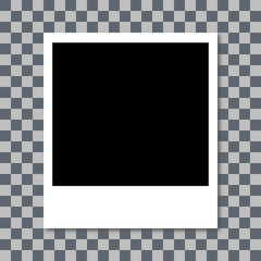 Photo frame with shadow. white plastic border. transparent checkerboard background. vector illustration