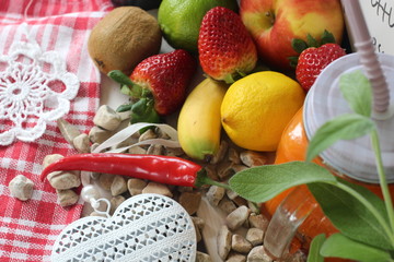 fresh fruits vegetables and fresh juice, lemon, apples, banana, strawberries, carrot, lime, 