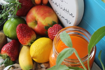 fresh fruits vegetables and fresh juice, lemon, apples, banana, strawberries, carrot, lime, 