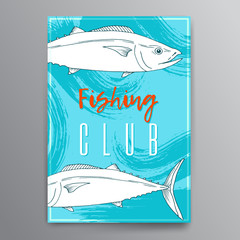 Vector paper brochures and cards set with tuna fish hand drawn illustration. Ink outlines sketch with marine animal swimming in the ocean - 141477436
