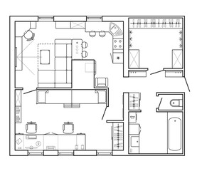 Black and White architectural plan of a house. Layout of the apartment with the furniture in the drawing view. With kitchen and bathroom, living room and bedroom. Graphic design elements. Vector