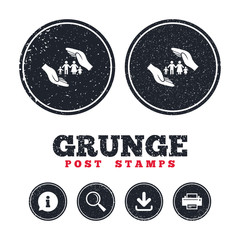 Family life insurance sign icon. Hands protect.