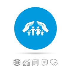 Family life insurance sign icon. Hands protect.