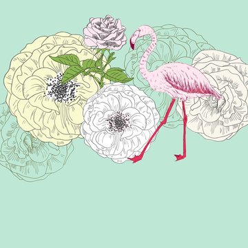 Vector sketch of a flamingo with flowers. Hand drawn illustration