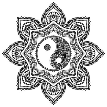 Vector henna tatoo mandala. Yin-yang decorative symbol. Mehndi style. Decorative pattern in oriental style. Coloring book page.
