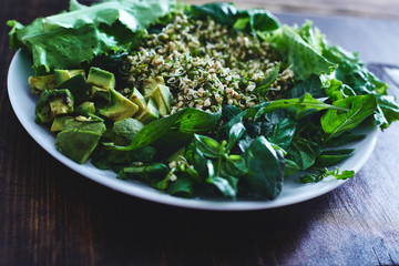 Fresh salad of vegetables and greens on a plate on a wooden background. Salad consists of Sprouted...
