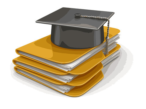 Graduation cap on Folders. Image with clipping path