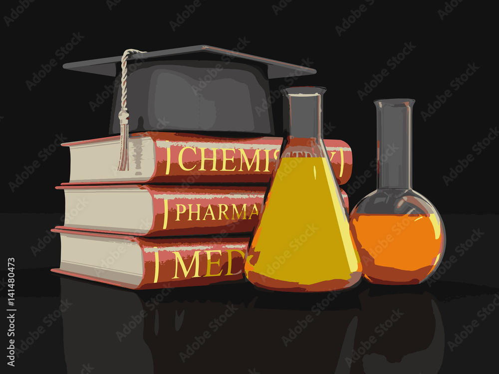Poster stack of textbooks and flasks. image with clipping path