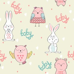 Vector seamless pattern with cartoon cute animals.