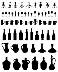Silhouettes of bowls, bottles, glasses and corkscrew, vector