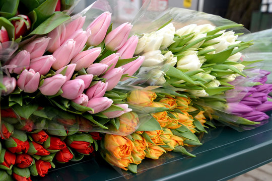Armfuls of tulips lie on a counter for sale