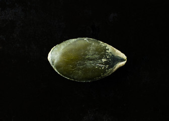 Macro of single green pumpkin seed on dark background.