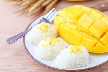 mango and sticky rice on wood background