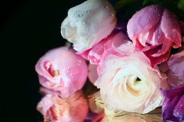 Beautiful white roses and pink, white tulipson the shiny surface of the sparkling drops  a dark background. a beautiful reflection surface. 
