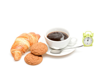 Fresh croissant and cup of coffee isolated on white background