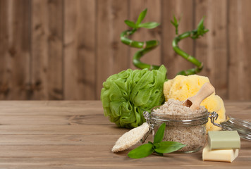 Handmade Scrub With Coffee, Lemon And Argan Oil. Spa Set. Decorative Bamboo Shoots. Spa Room.