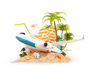 airplane and tropical palm on a paradise island - 141484042
