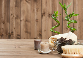 Handmade Coffee Scrub With Argan Oil. Candles. Decorative Bamboo Shoots. Spa Room.