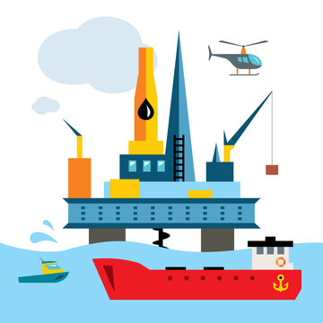 Vector Offshore Drilling Platform. Flat style colorful Cartoon illustration.