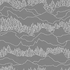 Behang Grijs naadloos patroon met bomen en bergen