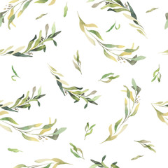 Fototapety  Green leaves watercolor seamless background.