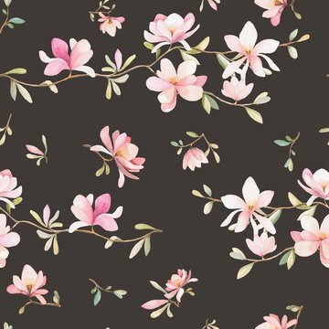 Seamless floral pattern with magnolias on a dark background, watercolor. Vector illustration.